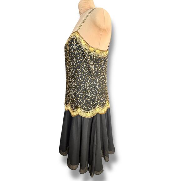 Vintage Beaded Black Gold Drop Waist Metallic Sequin Cocktail Dress Sleeveless 4 - Picture 5 of 14